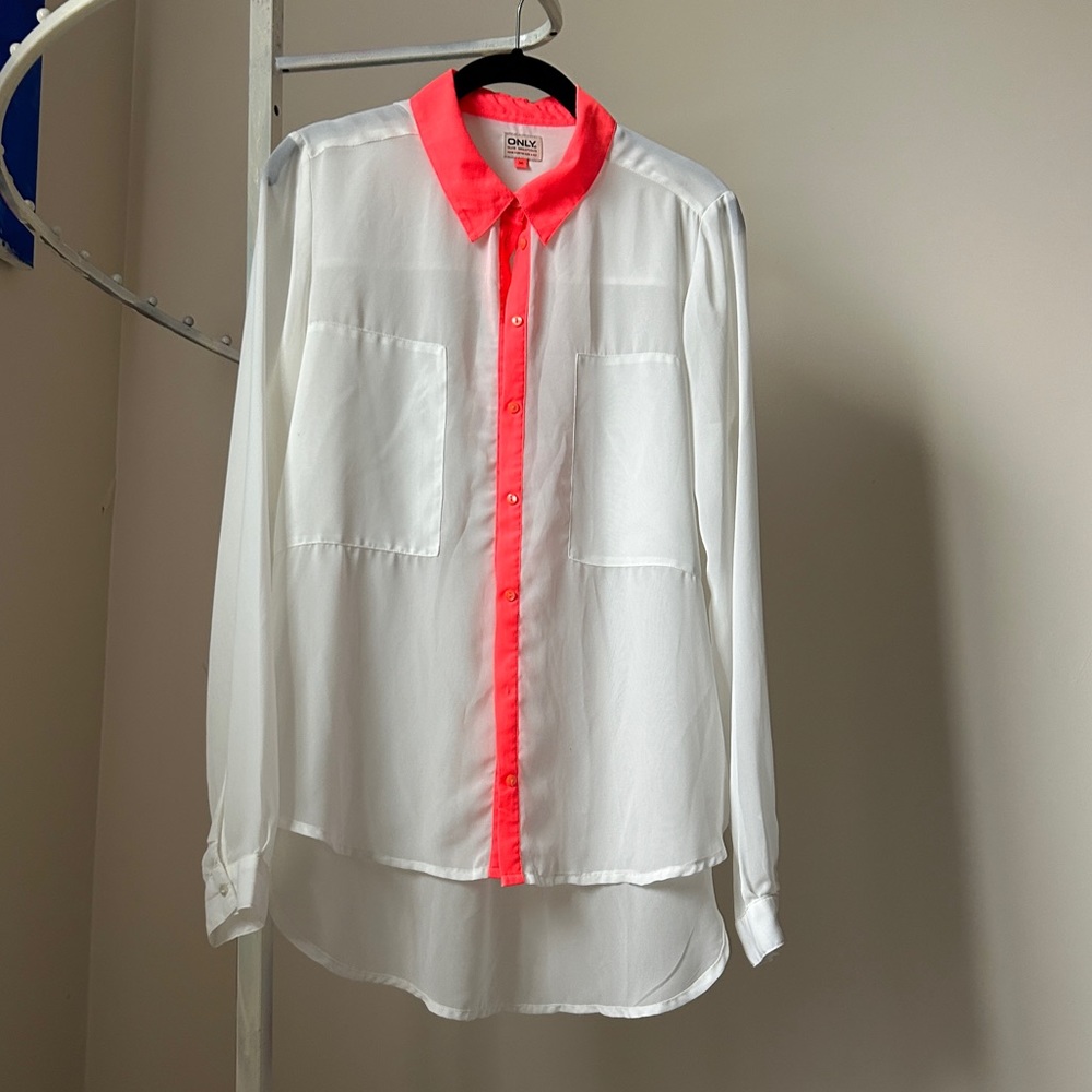 2 for $10 Sheer blouse with fluorescent orange detail - Picture 1 of 7